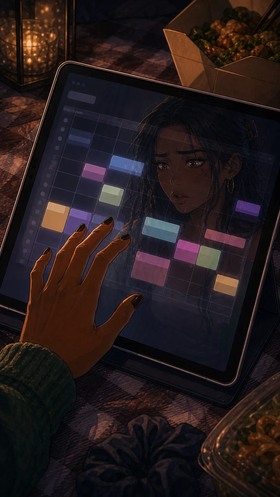 A close view of a generic calendar layout on a tablet with colored blocks but no readable text, Maya's hand hovering above it.