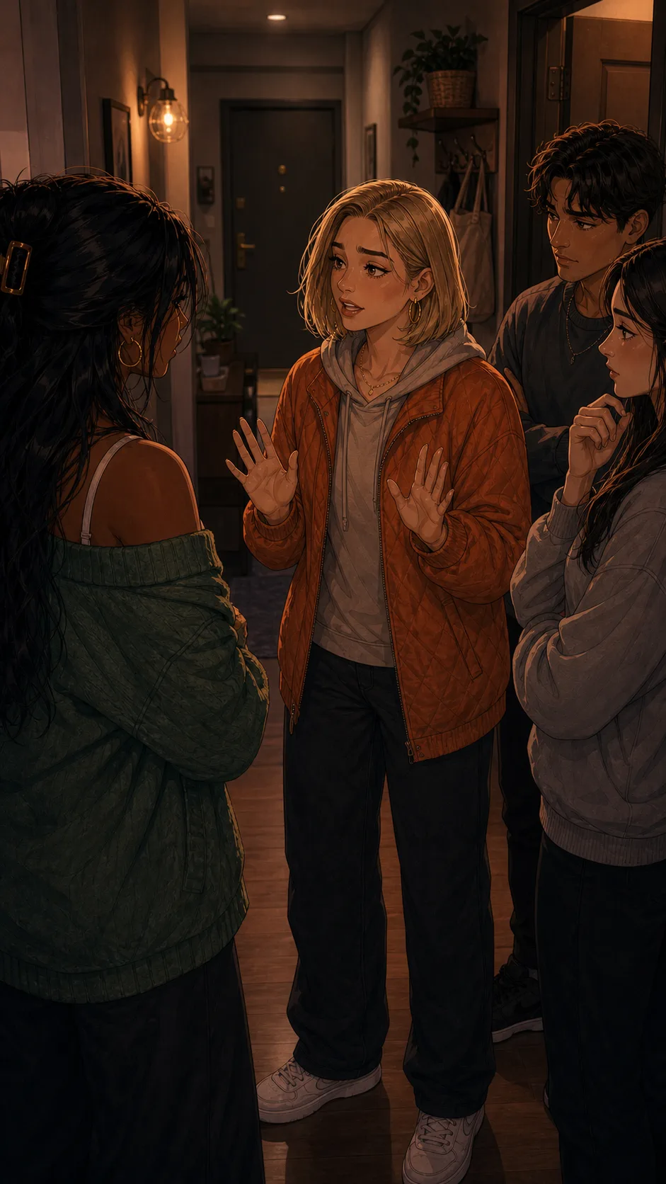 Lena stands in a generic apartment hallway with two friends nearby, hands raised in an anxious explanation.