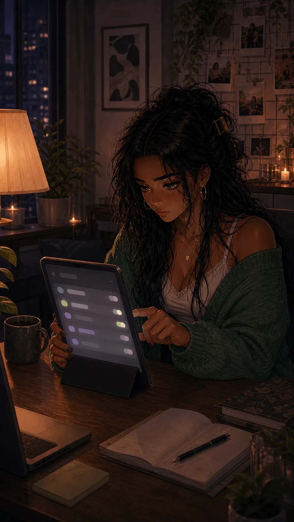 Maya hovers over a privacy settings screen shown as abstract toggles, no readable interface.