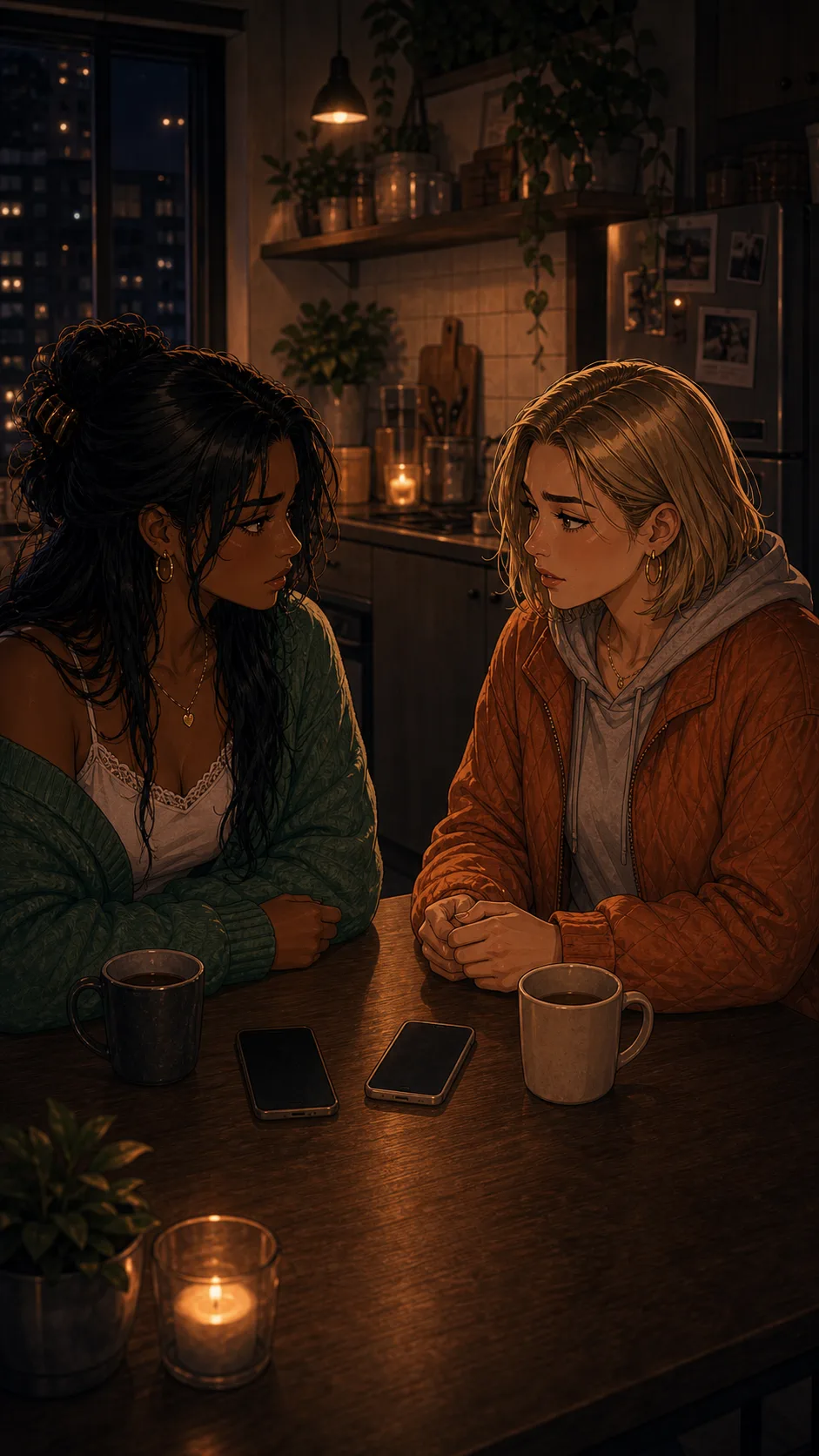 Maya and Lena sit across from each other at a small kitchen table, tense but willing to talk.