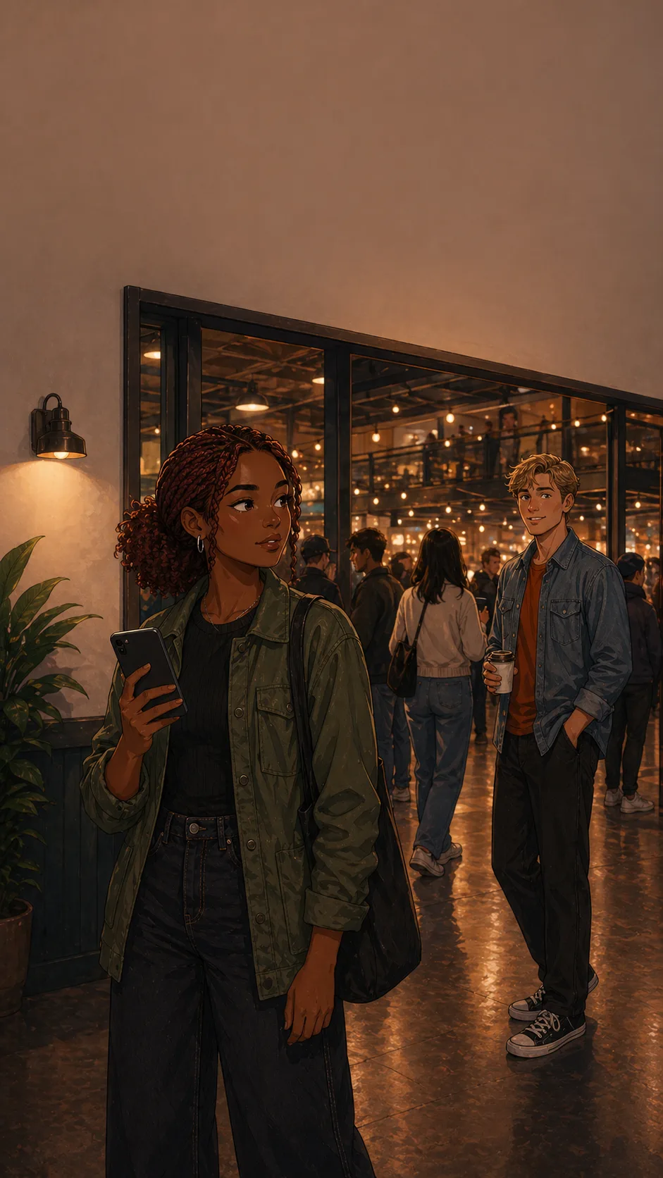 Nina stands near a crowded generic food hall entrance at night holding her phone with the screen facing herself.