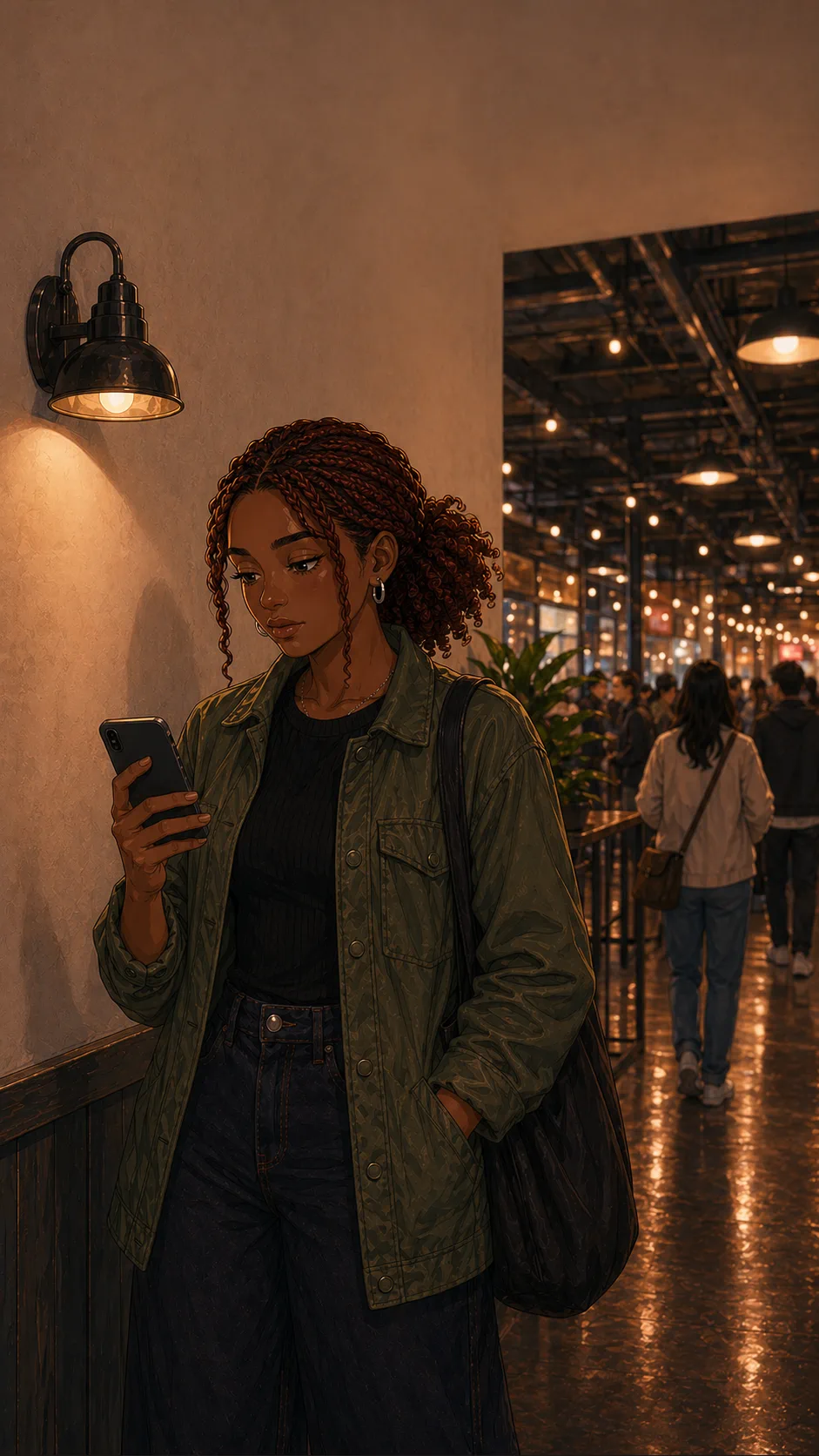 Nina stands in a generic food hall corridor using her phone with the screen facing herself.