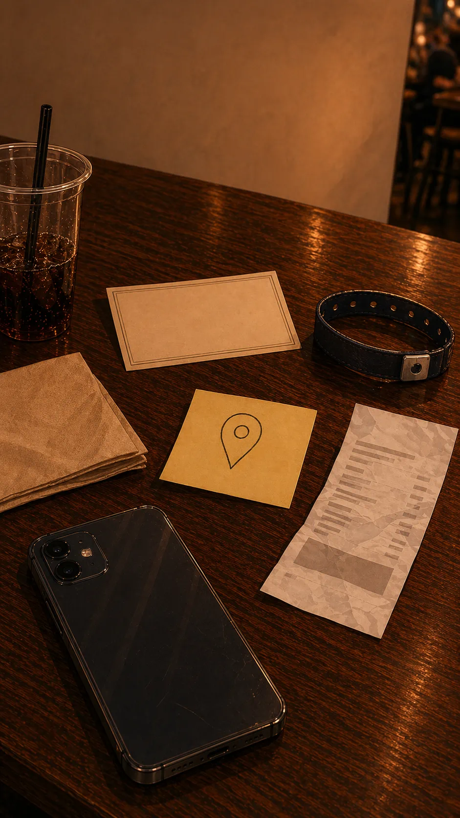 A tabletop evidence scene shows a face-down phone, blank meetup card, wristband, napkin, unreadable receipt, and a sticky note with a simple pin doodle.