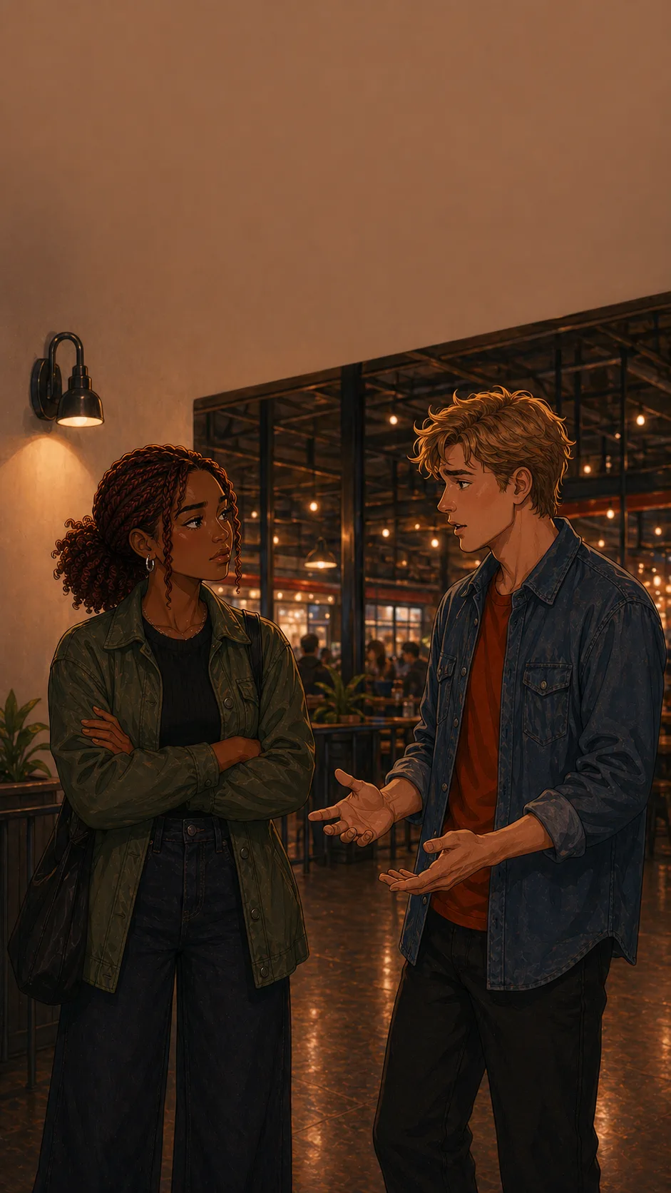 Nina and Miles argue quietly in a generic food hall corridor with no visible phone screens.