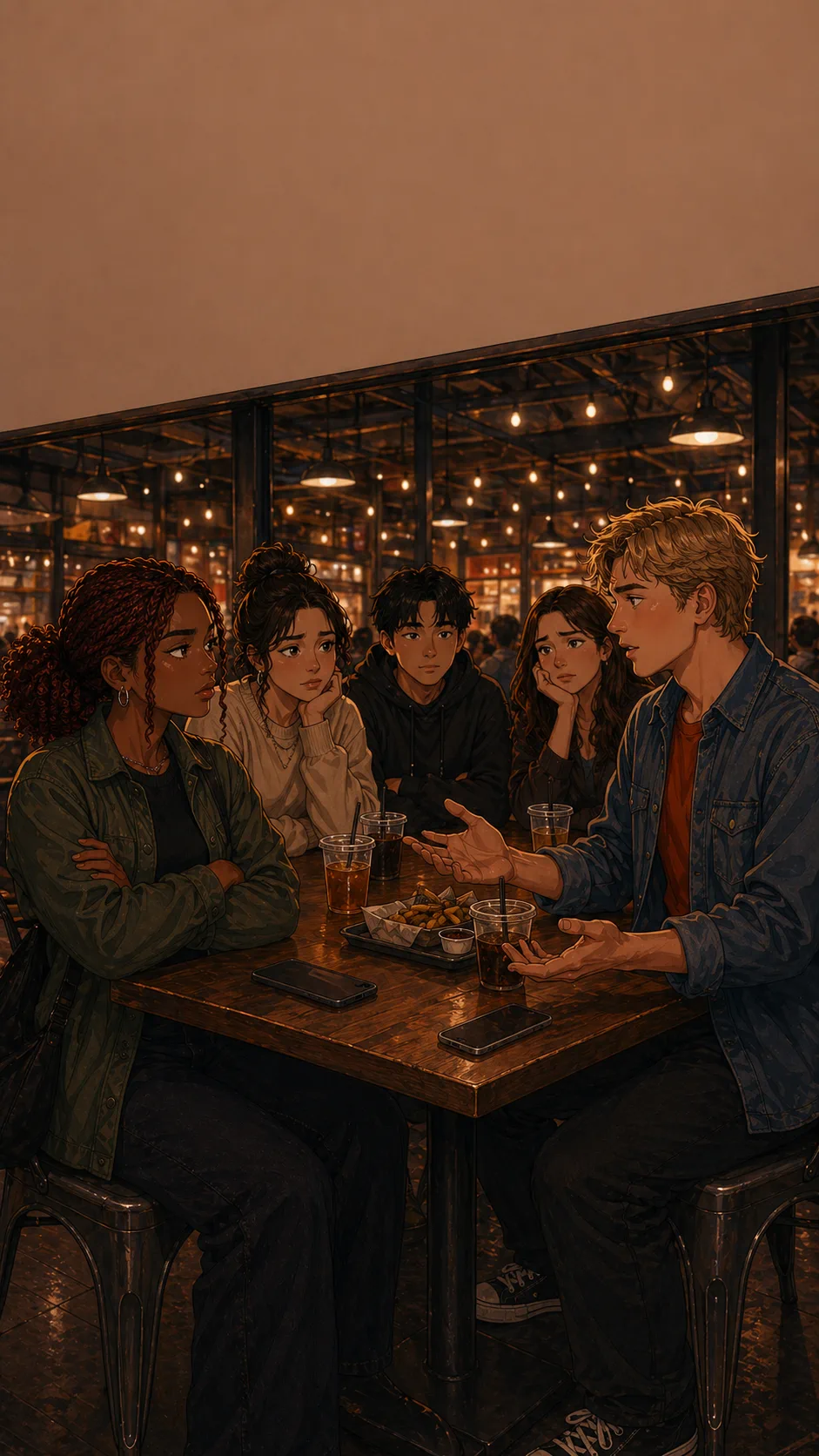 Nina, Miles, and friends sit around a generic food hall table with divided reactions and no visible phone screens.