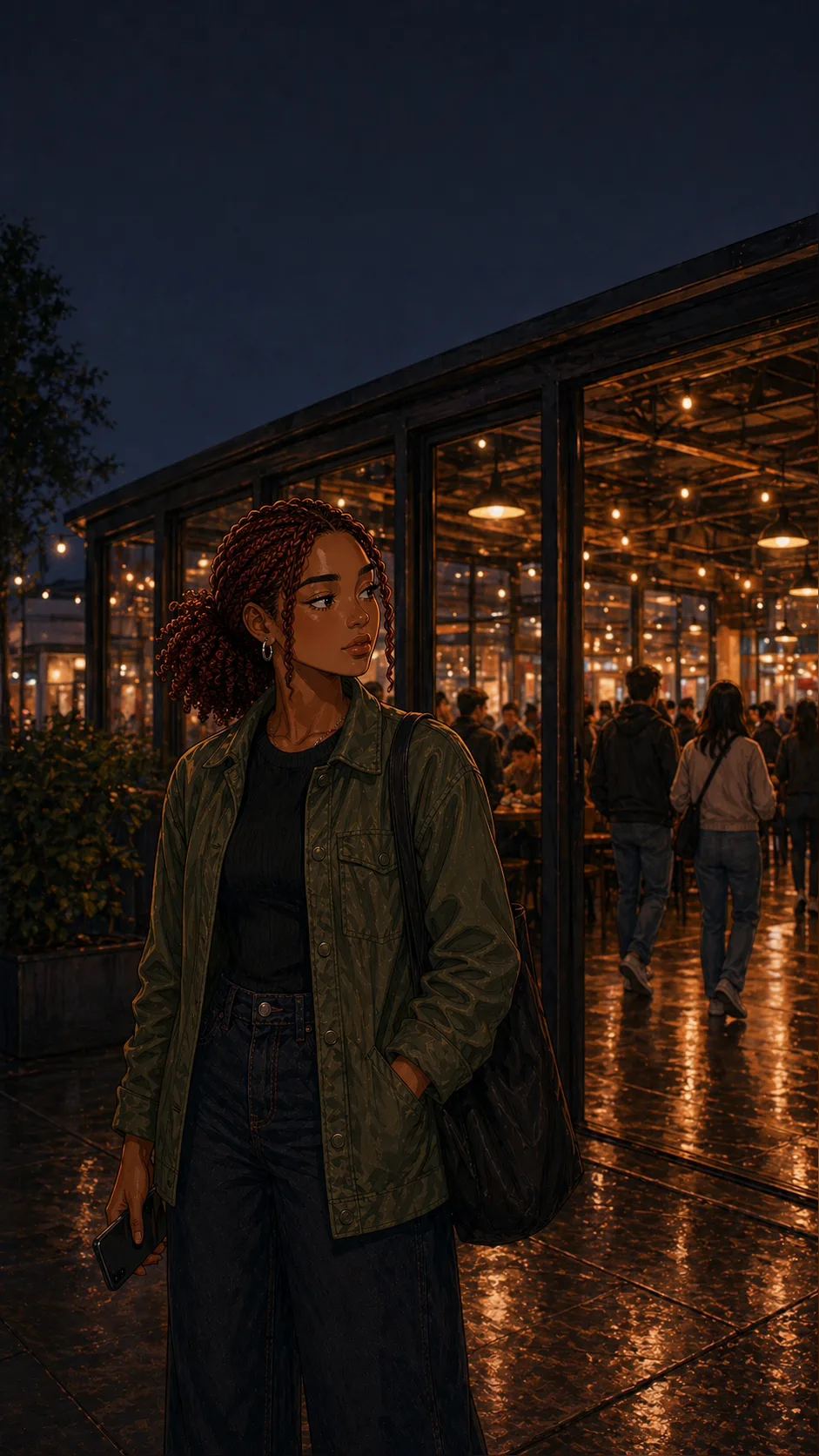 Nina stands outside a generic food hall at night holding her phone face down and looking conflicted.