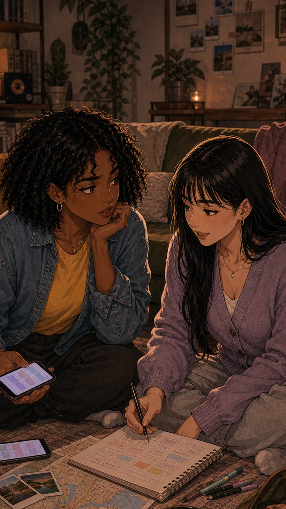 Sasha and Mina sit on a living room rug with snacks, phones, and a generic notebook, planning a weekend trip.