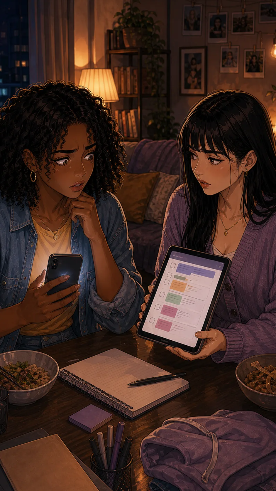 Sasha looks startled at a phone notification glow while cooking, screen unreadable.