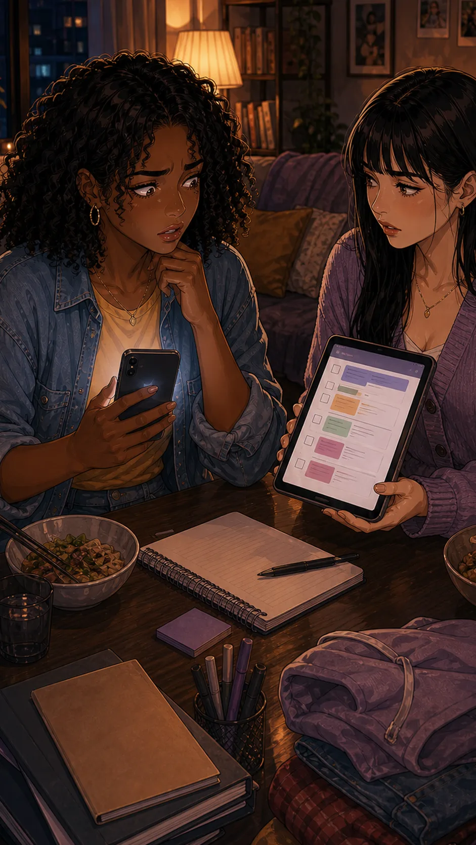 Mina explains with a tablet in hand, anxious but convinced, while Sasha listens with folded arms.