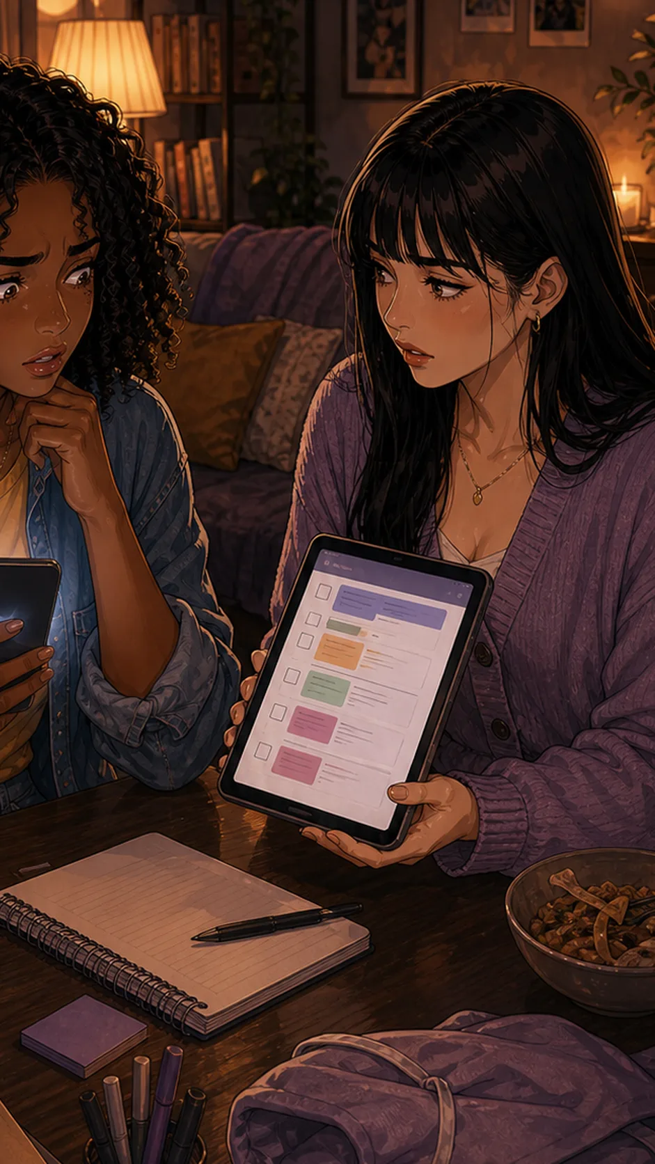 Sasha scrolls the note, overwhelmed by abstract checkboxes and colored blocks around her.