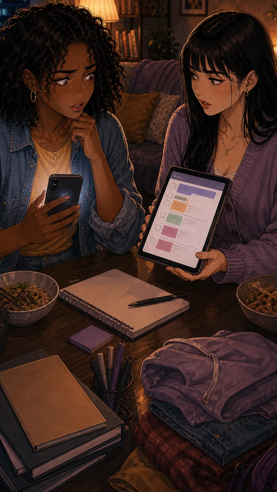 The two friends place their phones face-down beside snacks, calmer but still choosing rules.