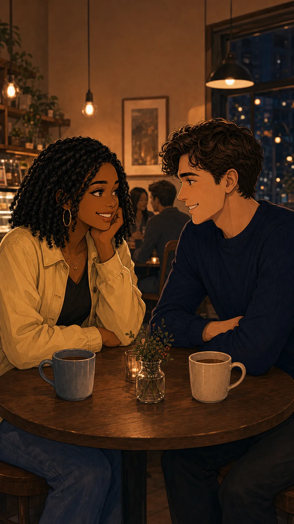 Mia and Owen have a calm first date at a cafe.