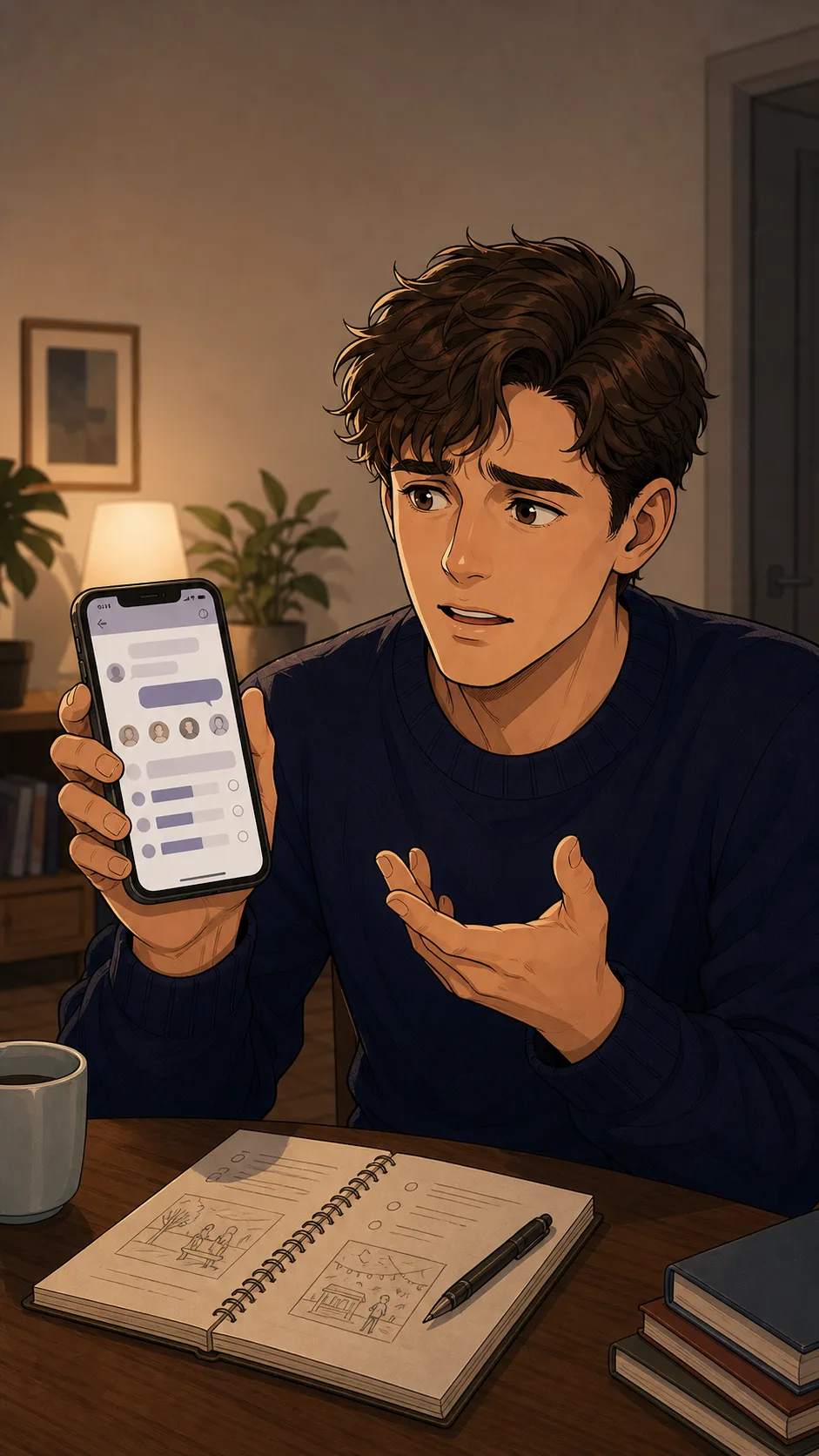 Owen sends date ideas to an unreadable friend group poll.