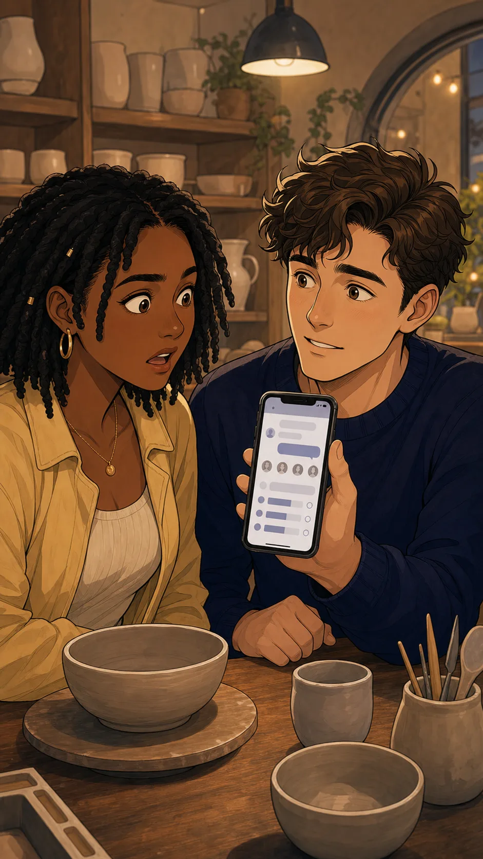 Mia notices the friend poll on Owen's phone at the pottery cafe.