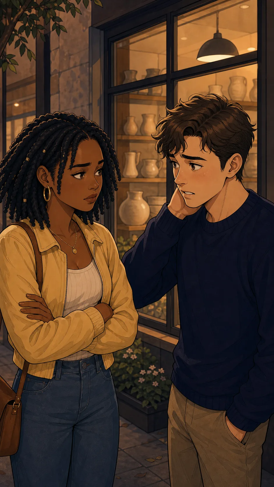 Mia and Owen discuss the friend poll outside the pottery cafe.