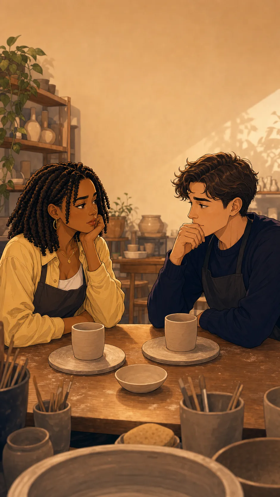 Mia and Owen sit quietly with unfinished pottery pieces.