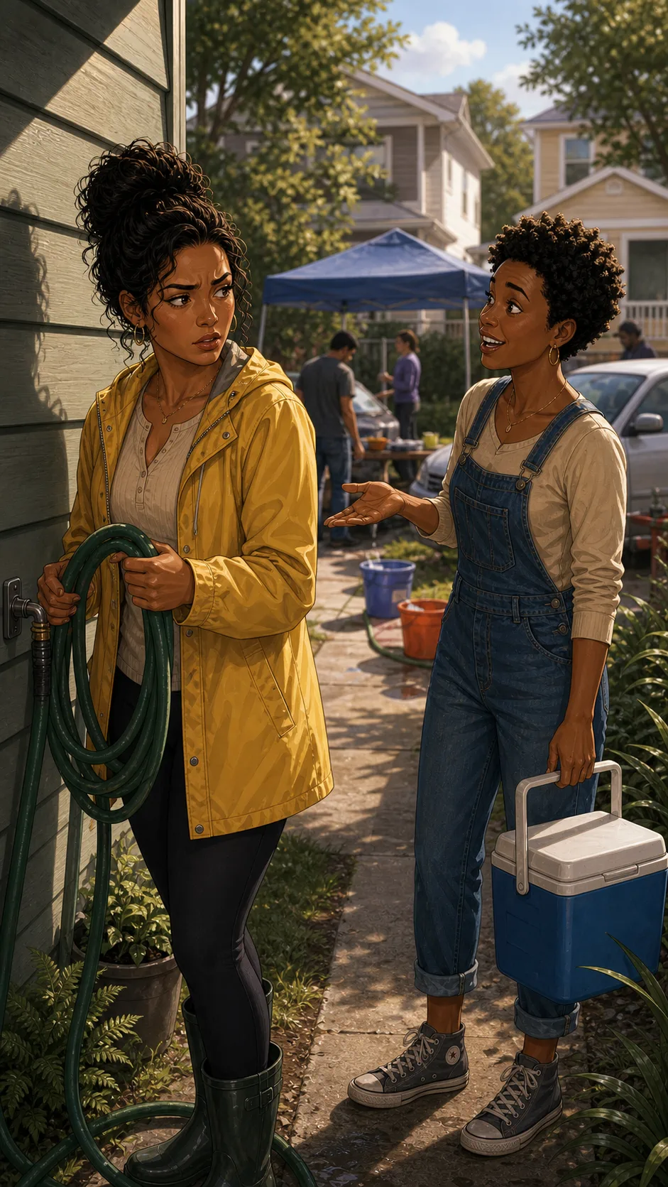Brooke asks Tessa to borrow the garden hose near a side yard.