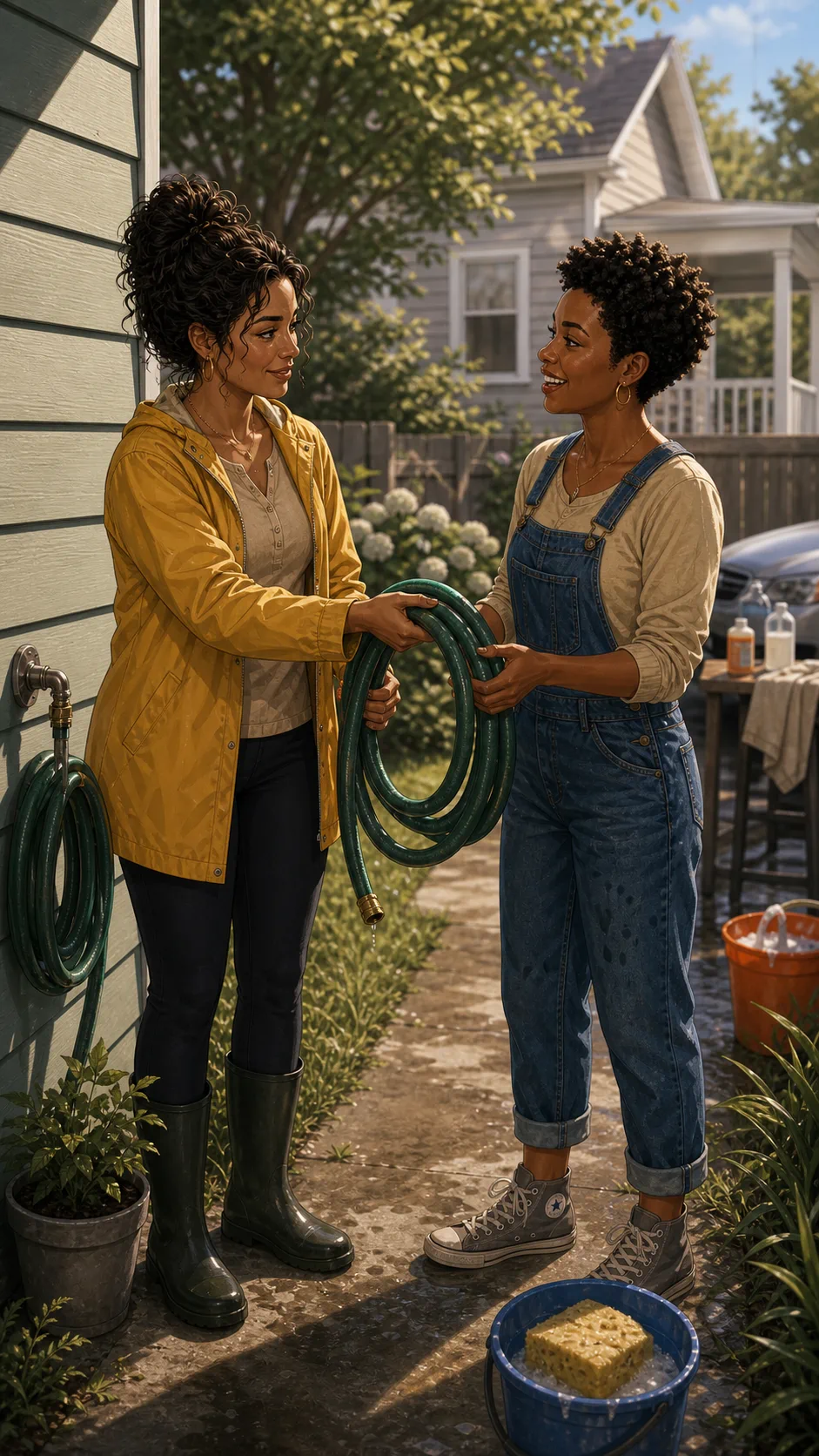 Tessa hands Brooke the garden hose with a small smile.