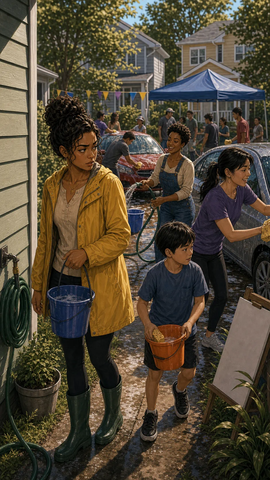 Neighbors wash cars while people cross Tessa's side path.
