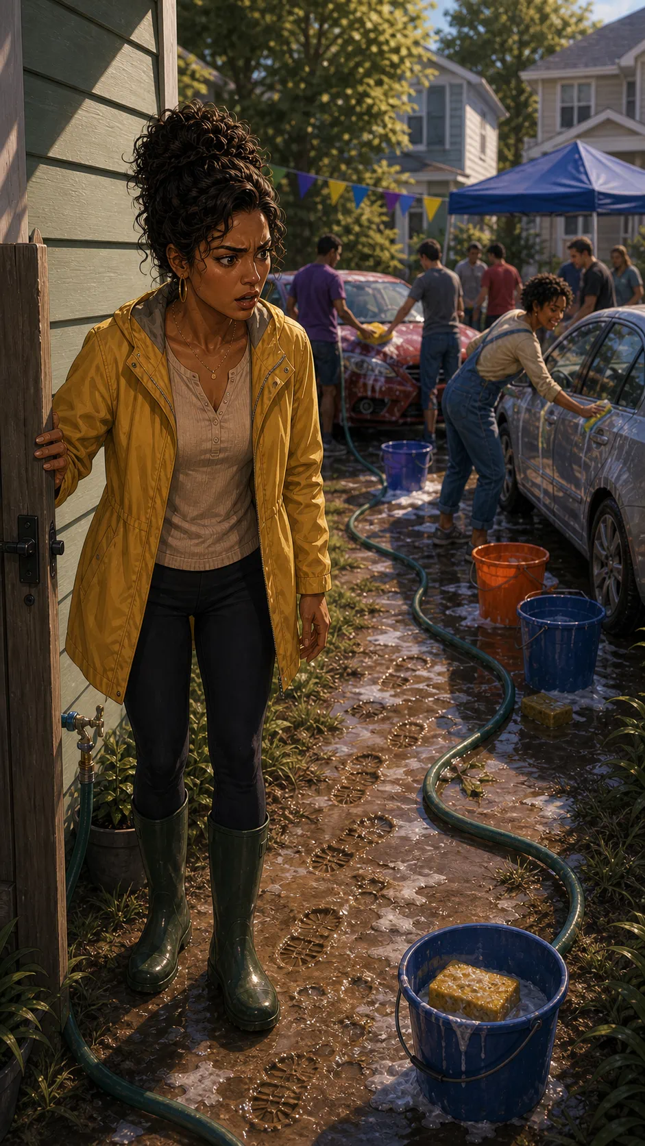 Tessa returns to a muddy path and hose stretched across the yard.