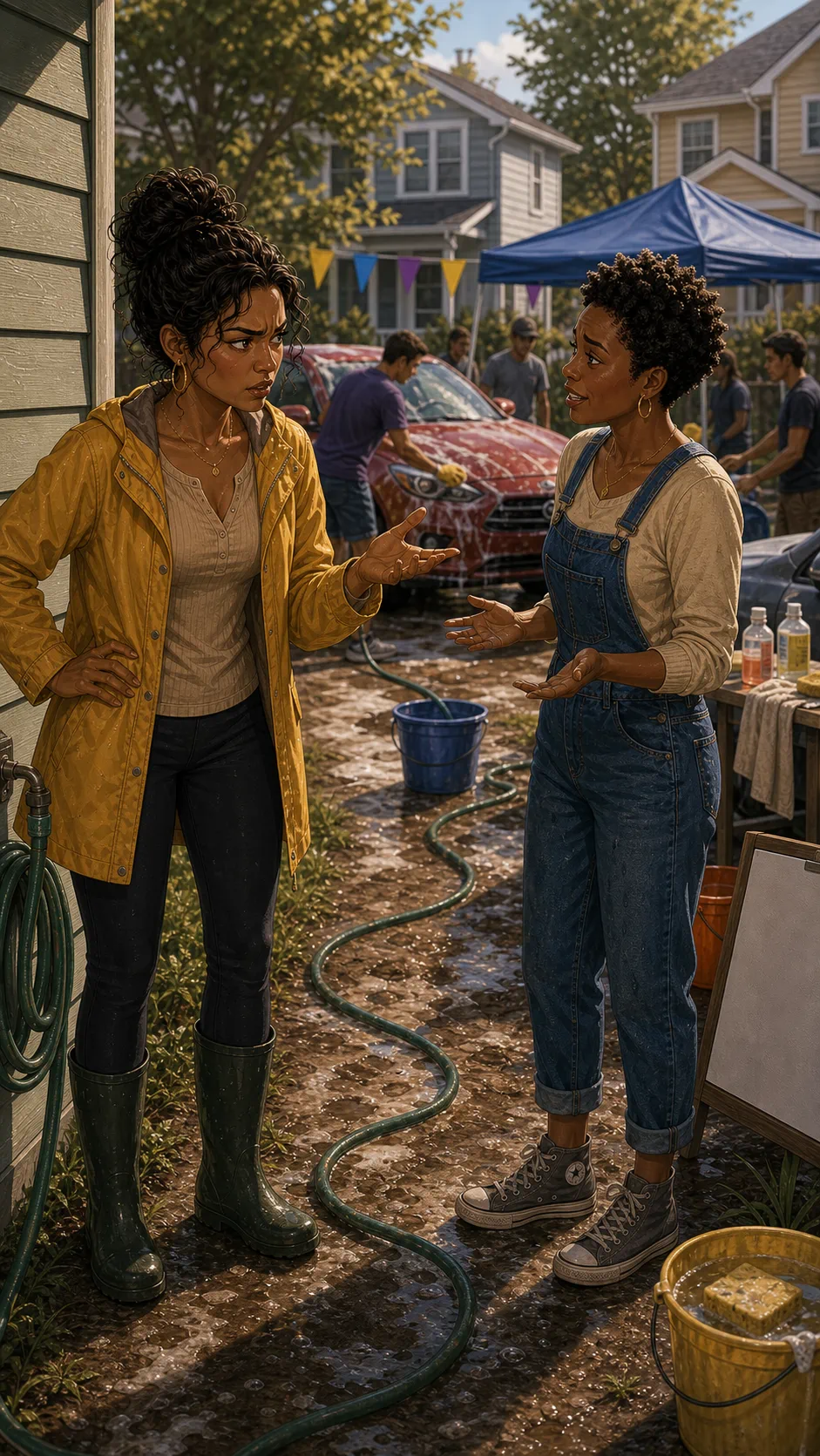 Tessa confronts Brooke beside the hose and buckets.