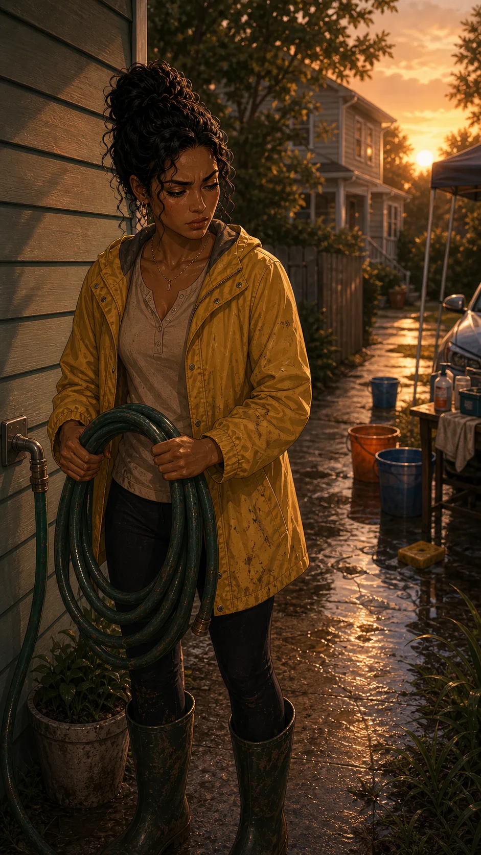 Tessa coils the muddy hose at sunset while deciding what Brooke owes.