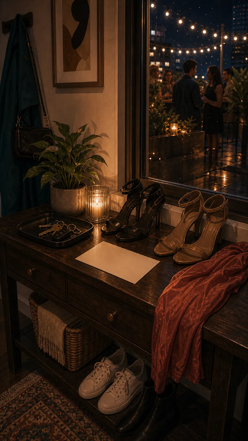 A blank invite card, keys, party shoes, and rooftop lights sit in a generic apartment entry scene.