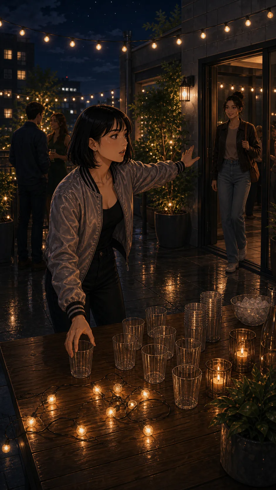 Mara prepares a generic rooftop party while another friend arrives in the background.