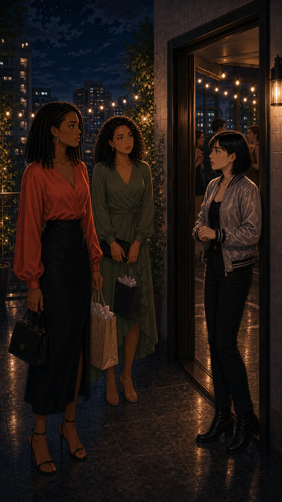 Lila and Nia arrive at a generic rooftop entrance while Mara looks awkward in front of them.