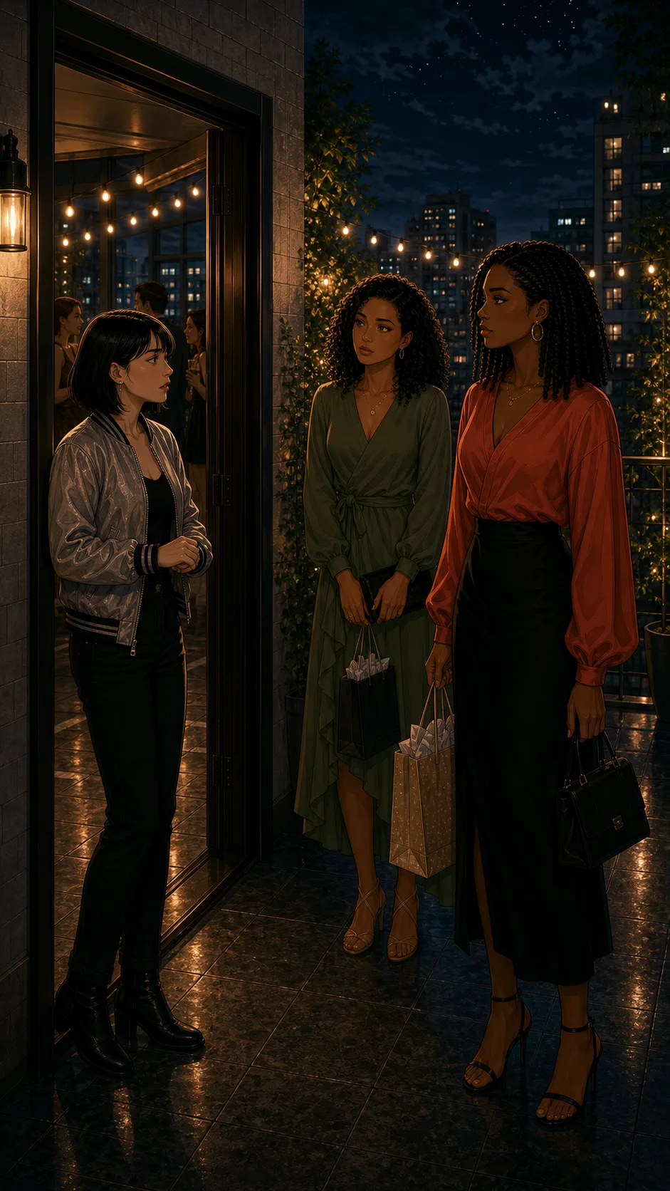 Lila and Mara talk tensely in a generic rooftop corner under string lights.
