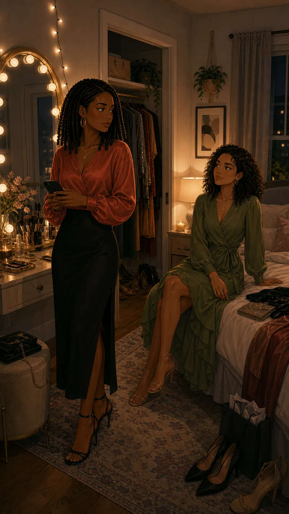 A small fictional rooftop party group stands with divided body language under string lights.