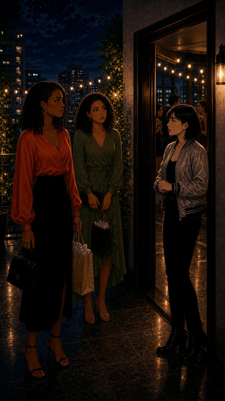 Lila and Nia pause in a generic stairwell outside a rooftop party after the plus-one conflict.