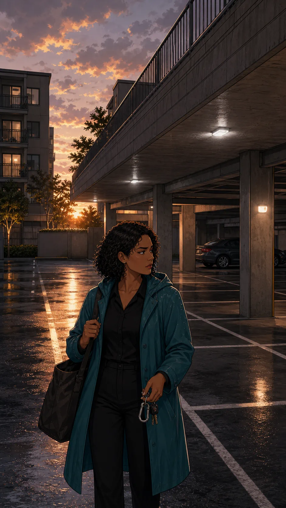 Nora checks a generic apartment parking spot before leaving for work.