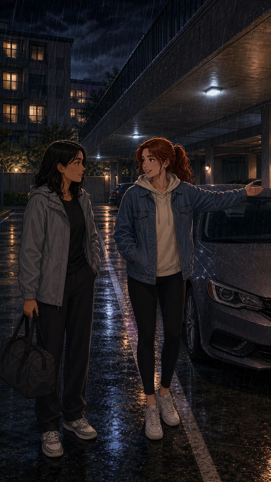 Tessa greets a fictional guest with an overnight bag beside a generic apartment parking lot.