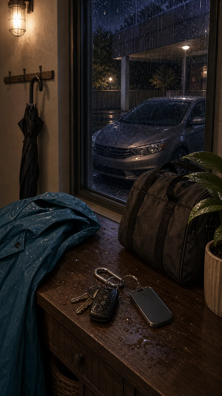 A parking fob, wet keys, raincoat sleeve, and guest bag sit in a generic apartment entry scene.