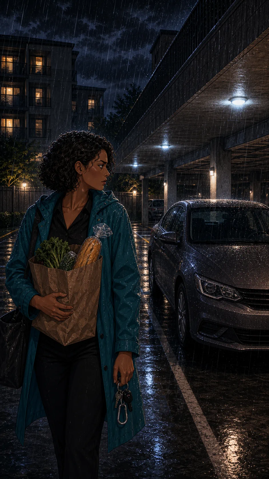 Nora stands in heavy rain with bags while an unfamiliar car occupies a generic parking spot.