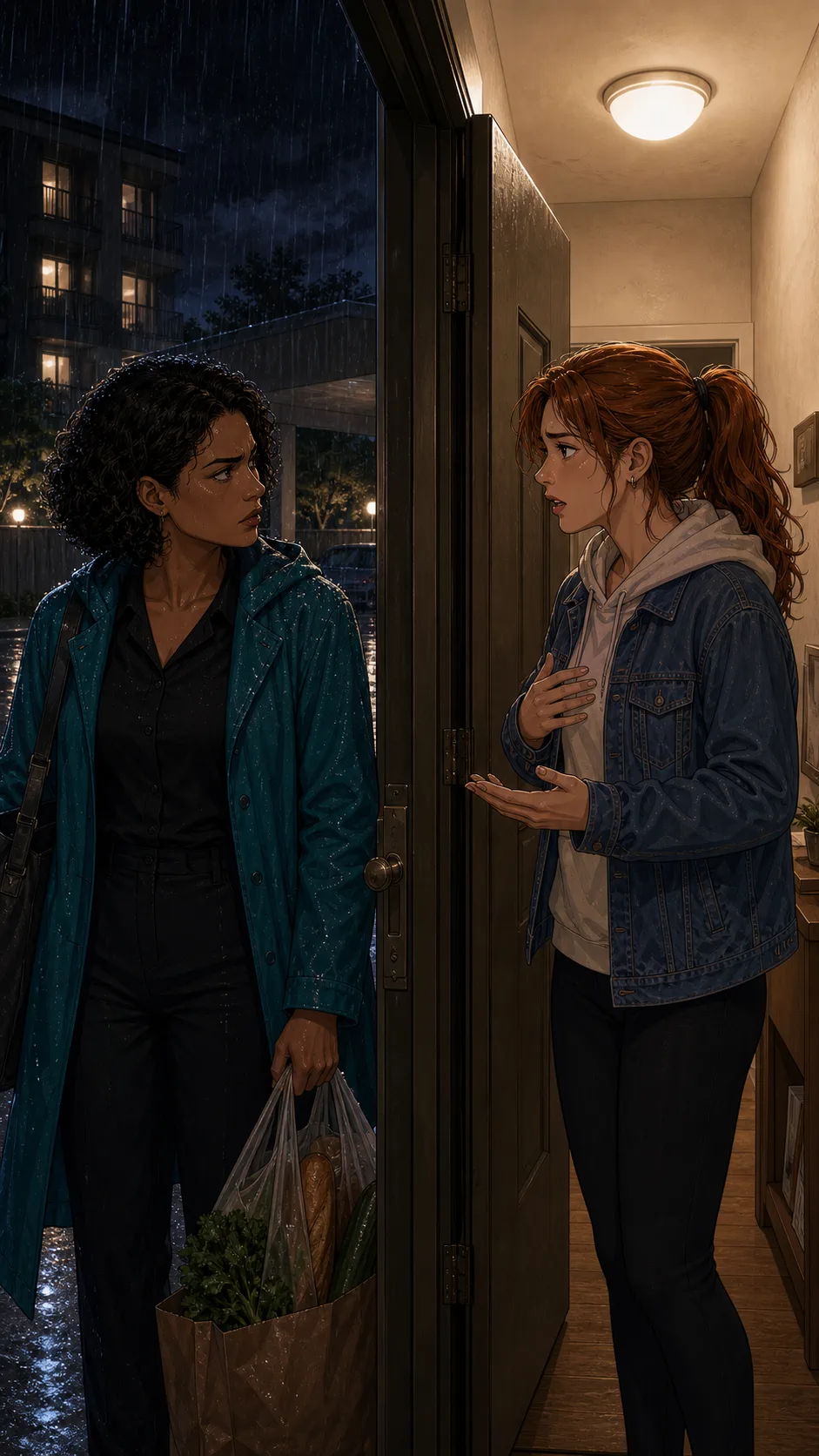 Nora and Tessa talk in a generic apartment doorway while Nora stands soaked from rain.