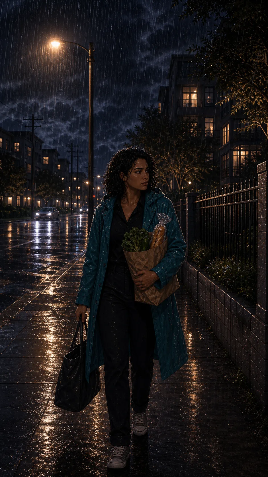 Nora walks in rain with wet bags along a generic residential sidewalk at night.