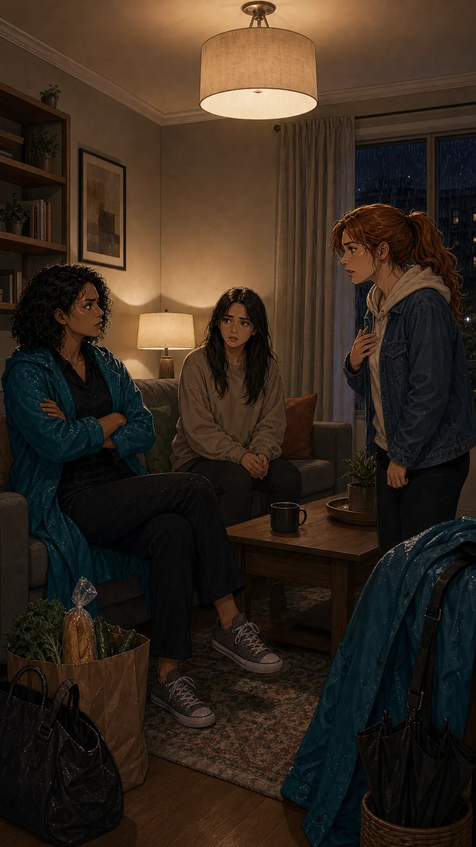 Nora, Tessa, and a friend discuss a parking conflict in a generic apartment living room.