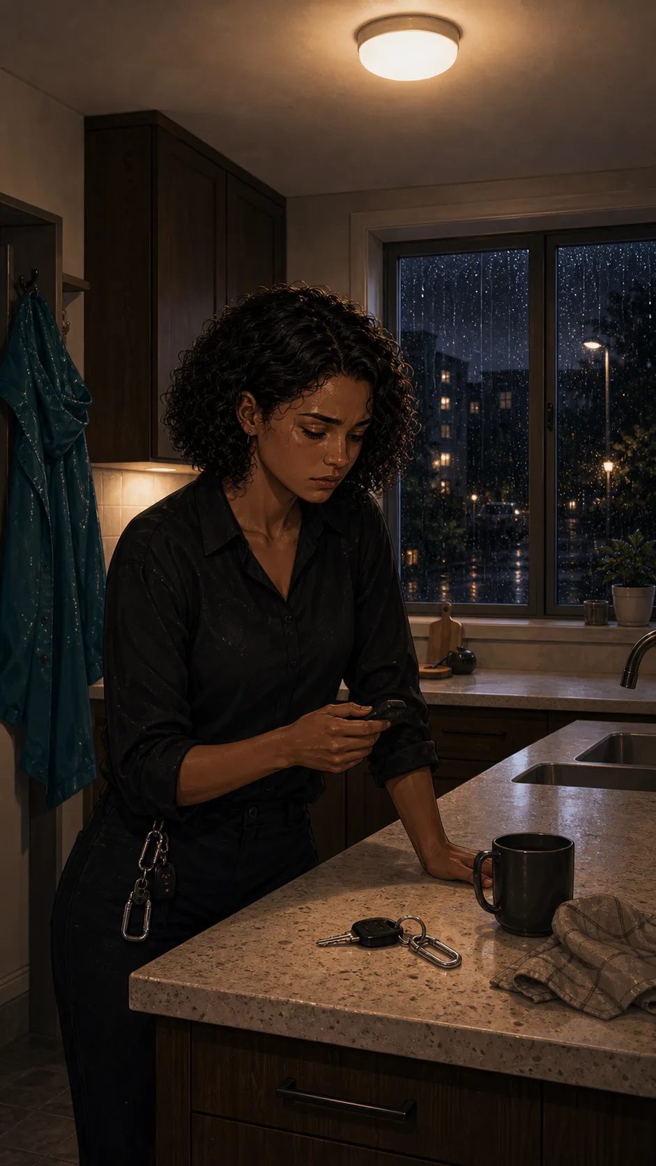 Nora looks at a blank parking fob and keys on a generic apartment kitchen counter.
