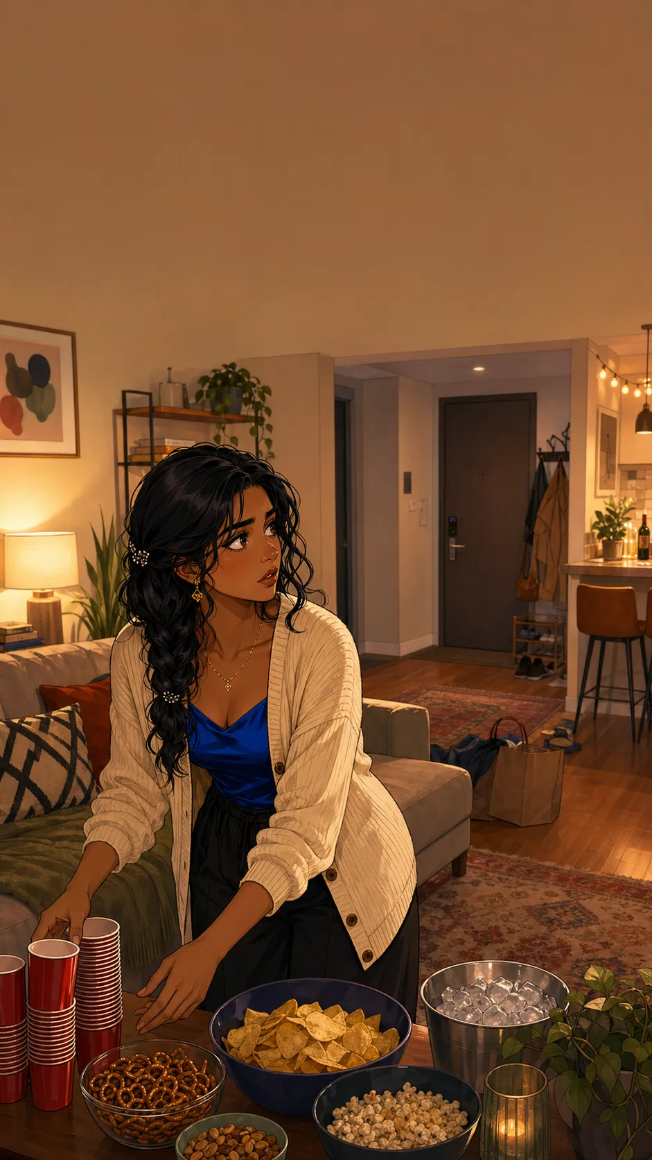 Priya prepares snacks in a cozy generic apartment living room before a small afterparty.