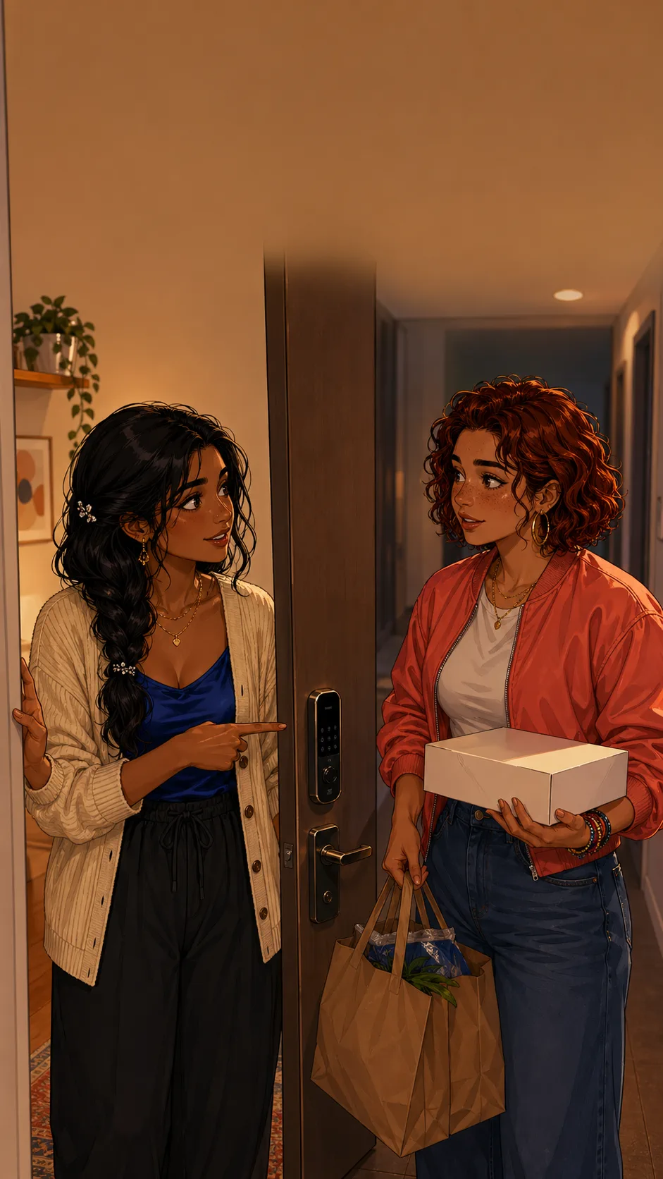 Priya speaks with Rae at a generic apartment door while Rae holds grocery bags and a plain cake box.