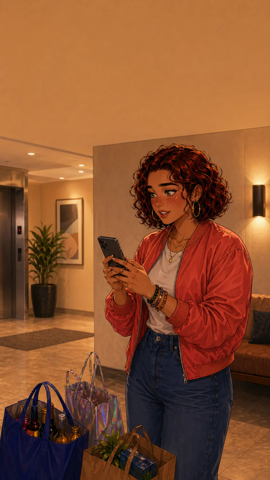 Rae stands in a generic apartment lobby using her phone with the screen facing herself.