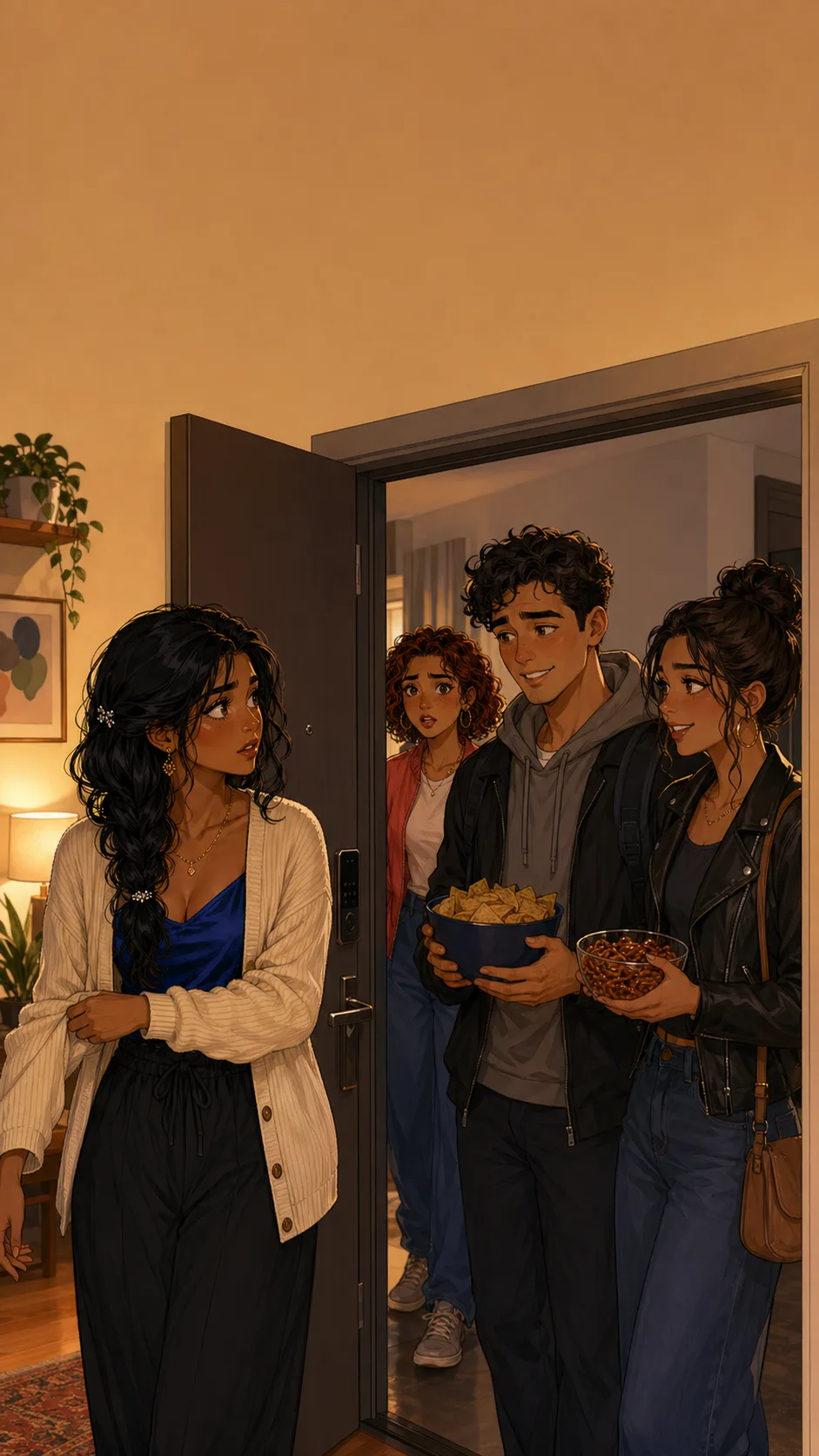 Priya looks startled as two early guests enter her generic apartment while Rae stands behind them.