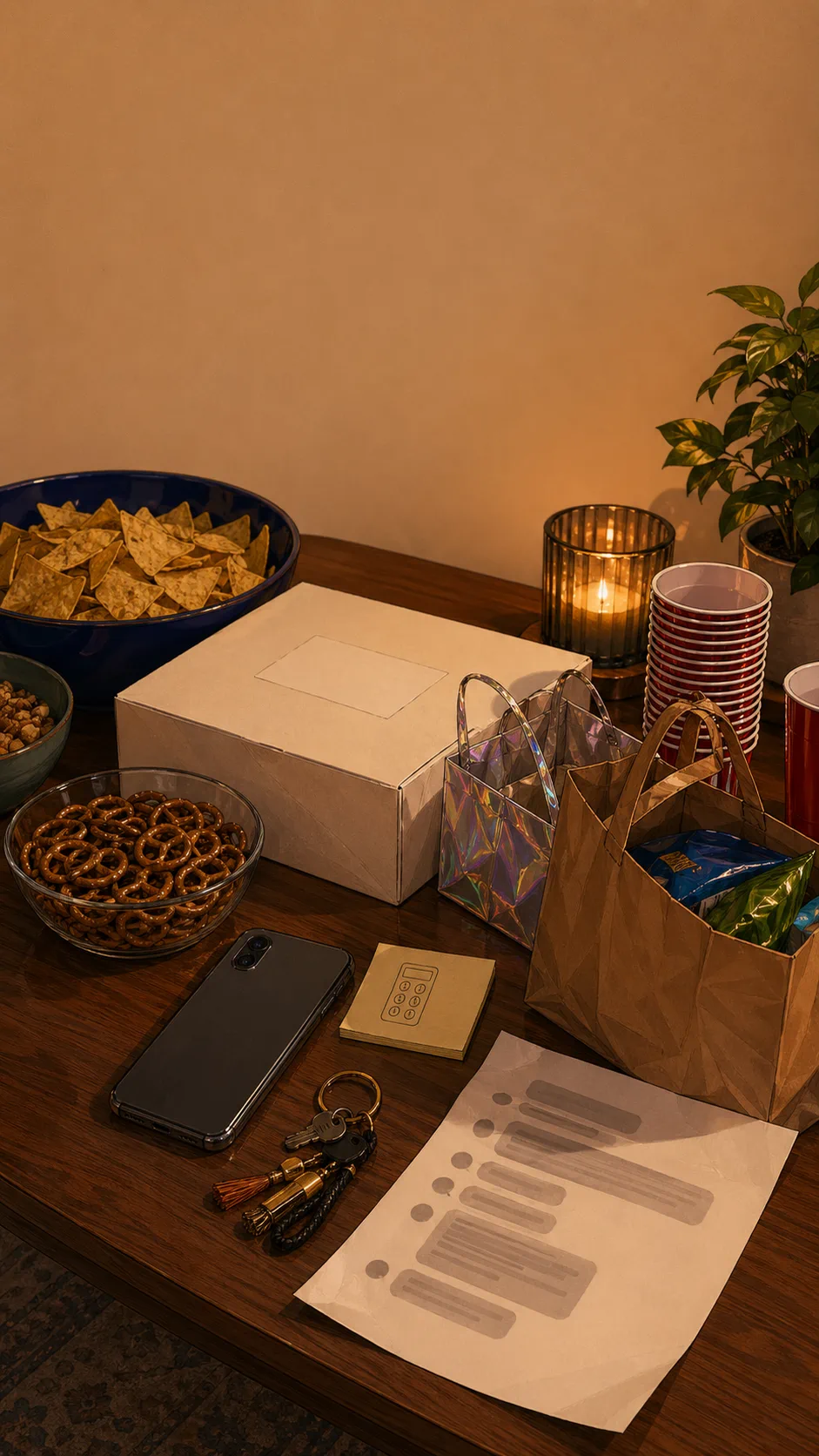 A tabletop evidence scene shows a face-down phone, blank sticky note with a keypad doodle, plain cake box, snack bags, cups, keys, and unreadable paper.
