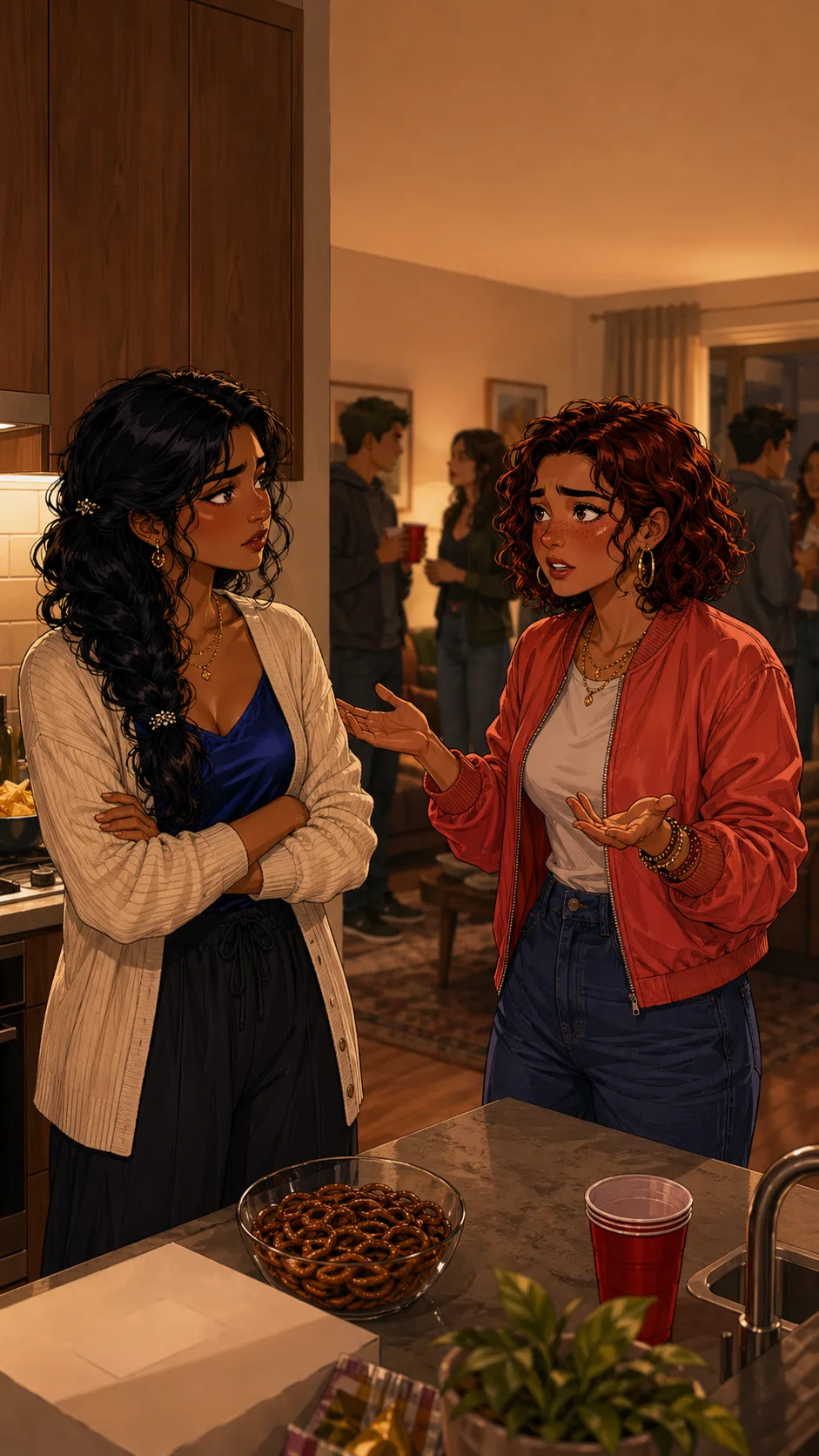 Priya and Rae argue quietly in a generic apartment kitchen while guests blur in the background.