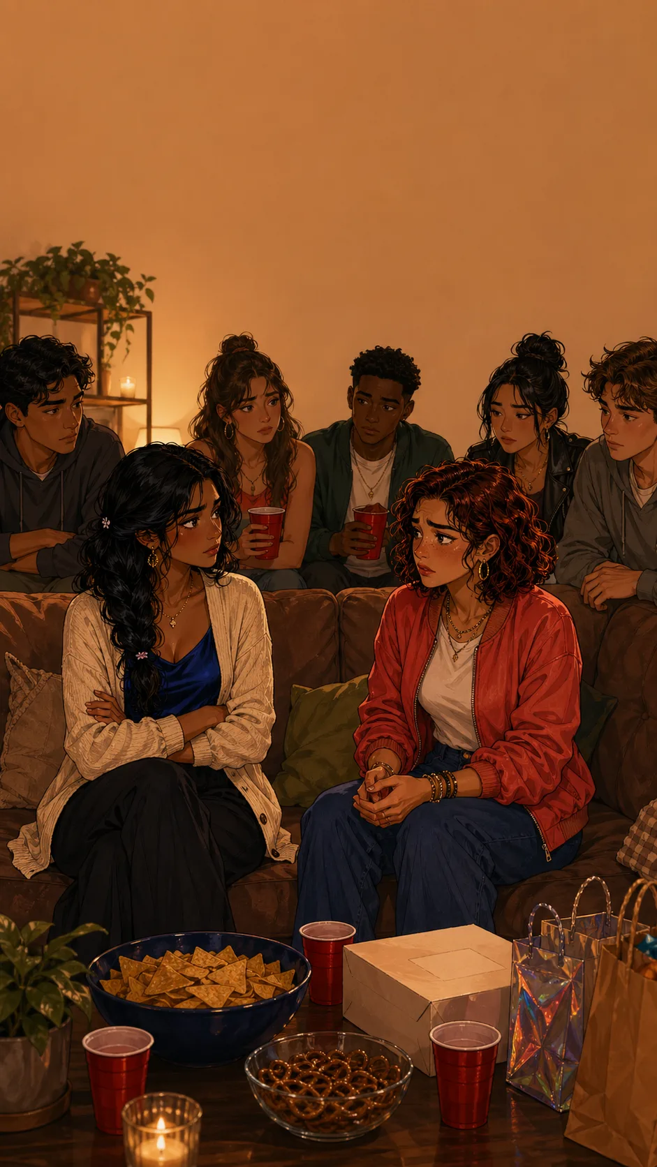 Priya, Rae, and friends sit in a generic apartment living room with divided reactions and no visible phone screens.