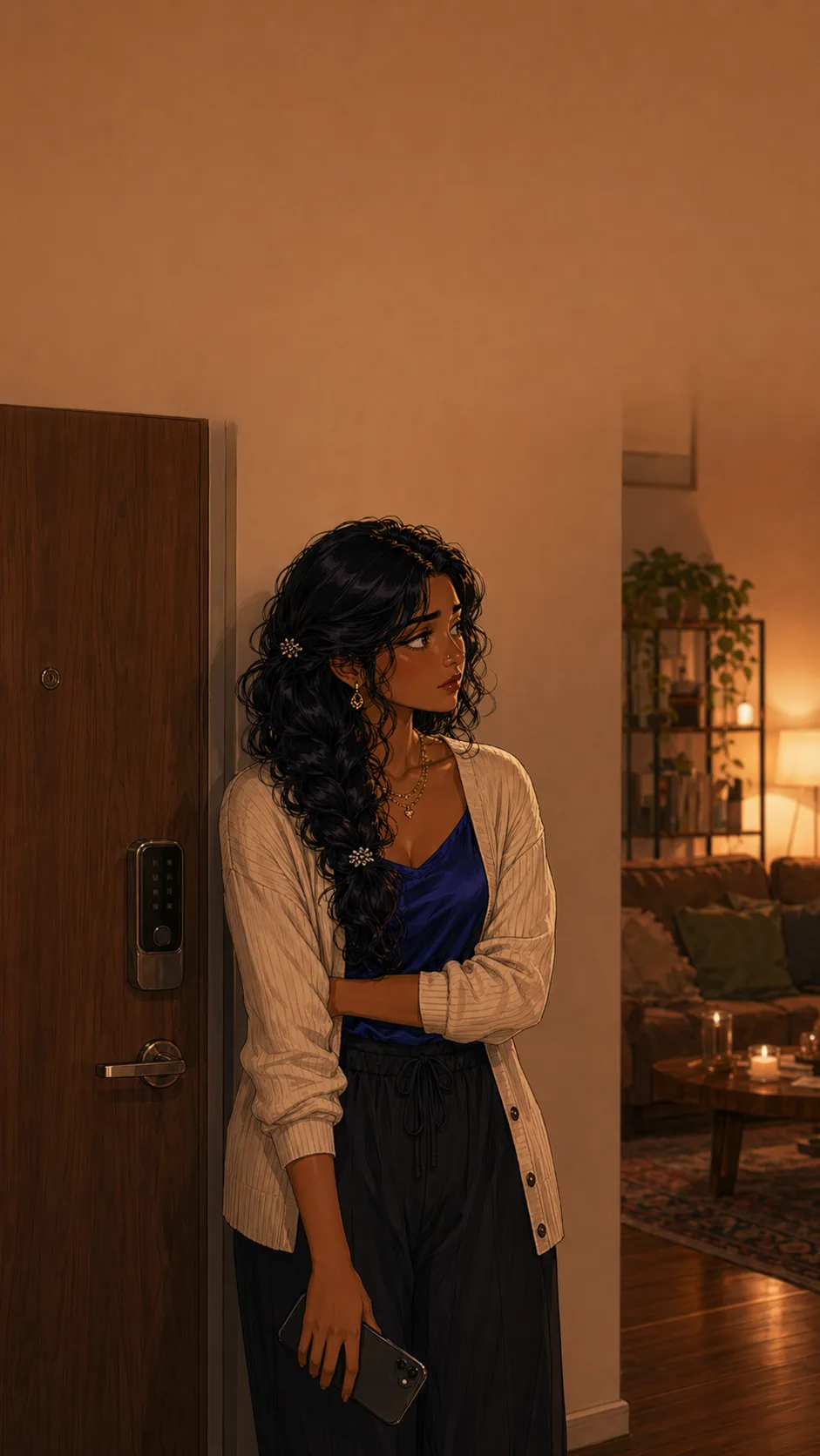 Priya stands by her closed apartment door near a generic keypad, holding her phone face down and looking conflicted.