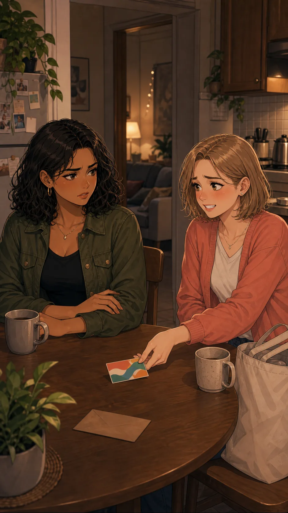 Nora gives Maya a gift card at a kitchen table.