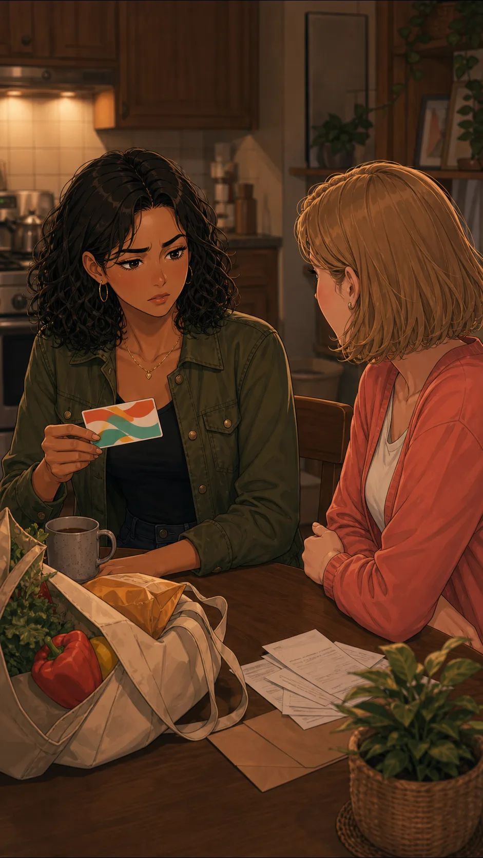 Maya holds the gift card and looks frustrated.